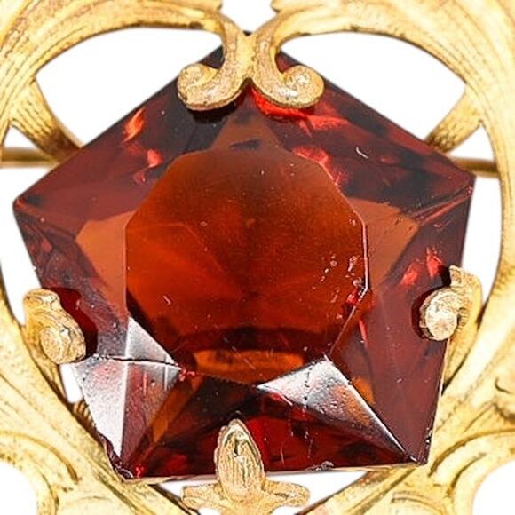 Antique Art Nouveau Gold Wash Brooch with Large Amber Glass Stone - Picture 3 of 9